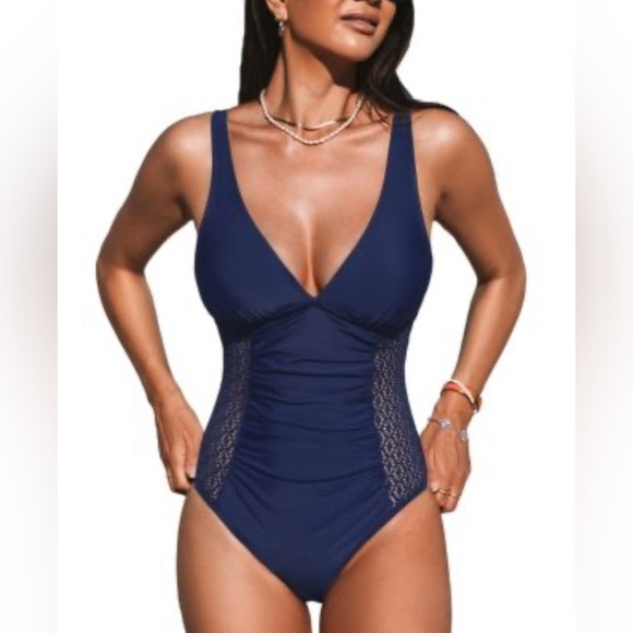 Cupshe Women's Women s Ruched Tummy Control Lace One Piece Swimsuit Navy Blue - Picture 1 of 4